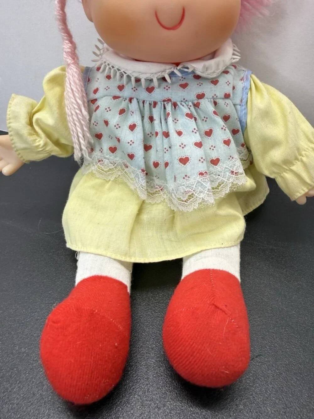 Vintage 1980s Ice Cream Girl Doll 10-12”. Pink Hair Hat Soft Body Play Doll